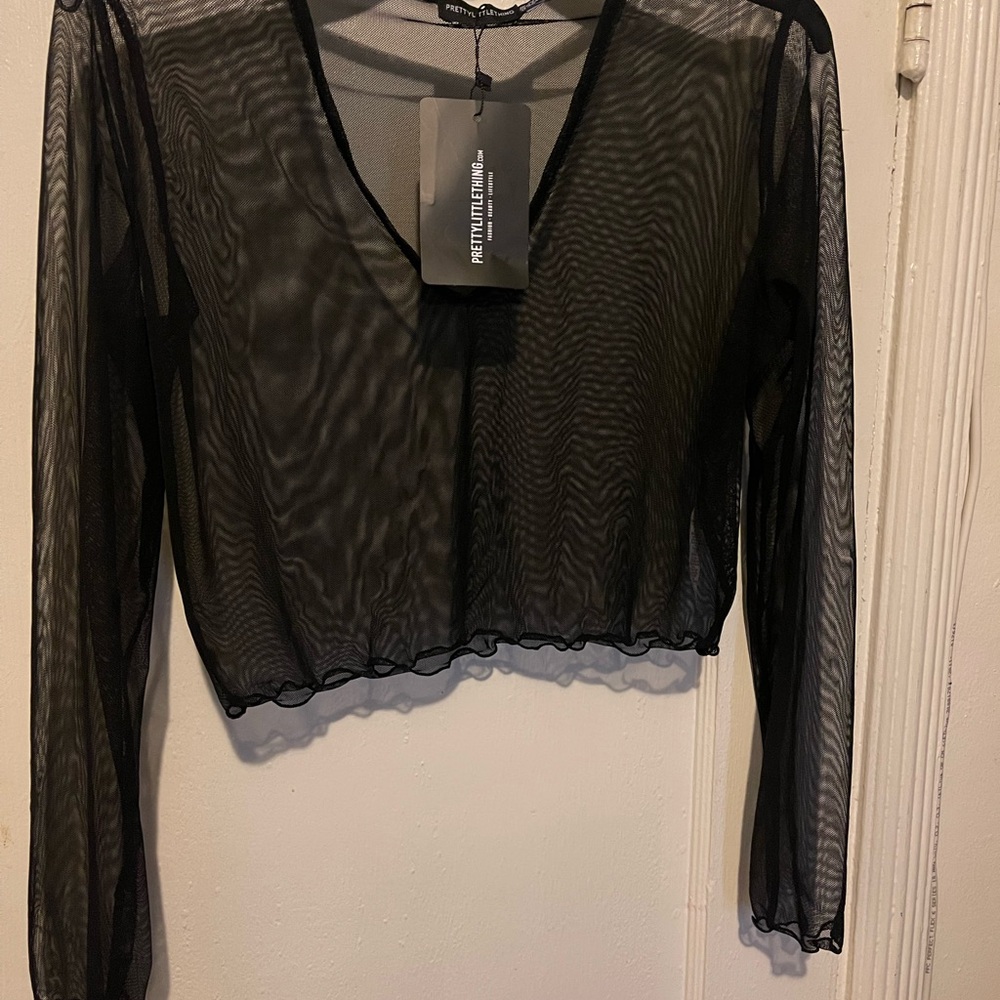 PrettyLittleThing Black Sheer Mesh Long Sleeve Crop Top with Lettuce Hem